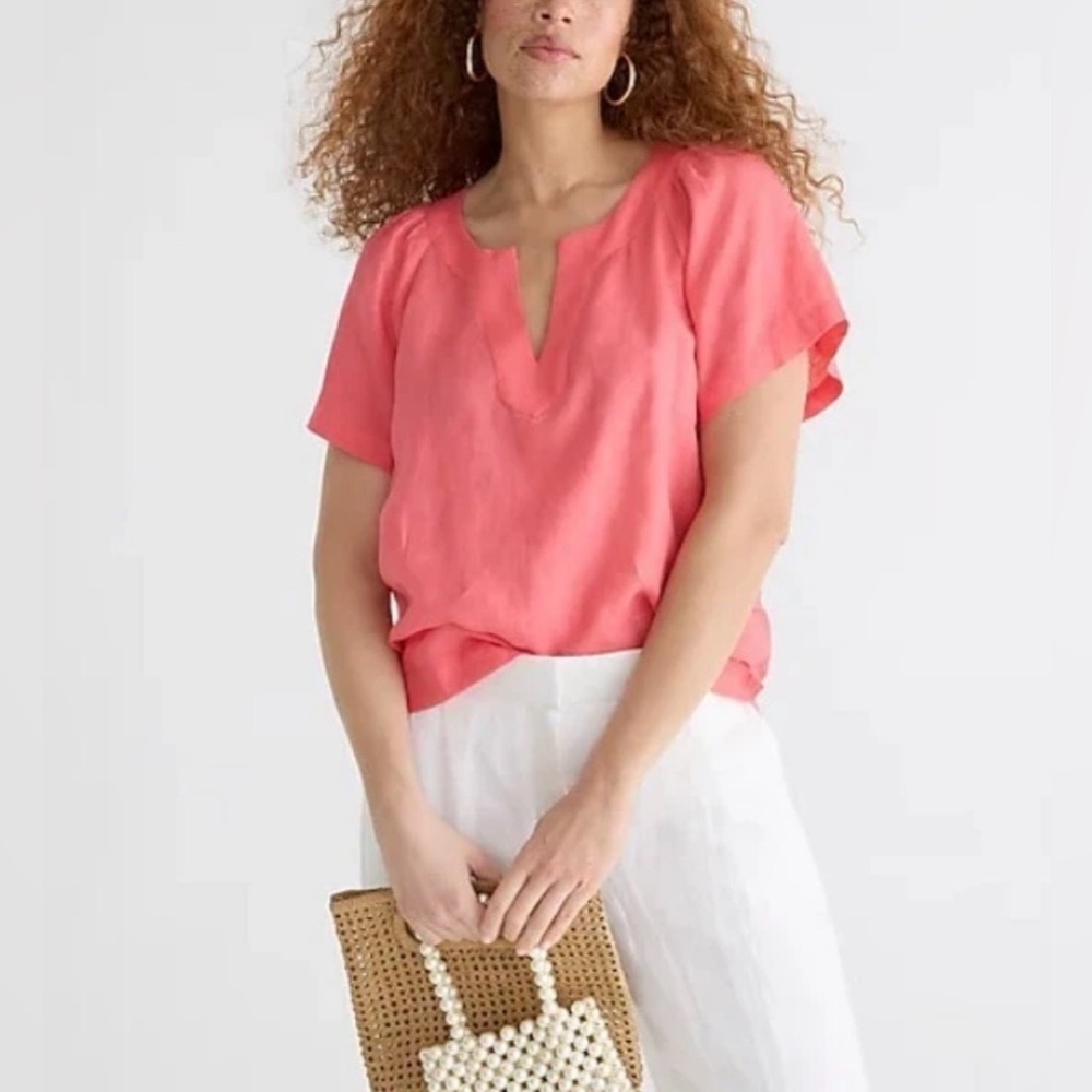 J. Crew Linen V Neck Short Sleeve Blouse in Coral Pink